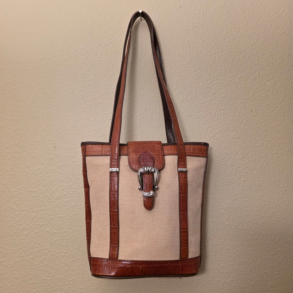 Vintage 90s Coldwater Creek Canvas Croc Embossed Tote Bag Western Buckle Brown‎